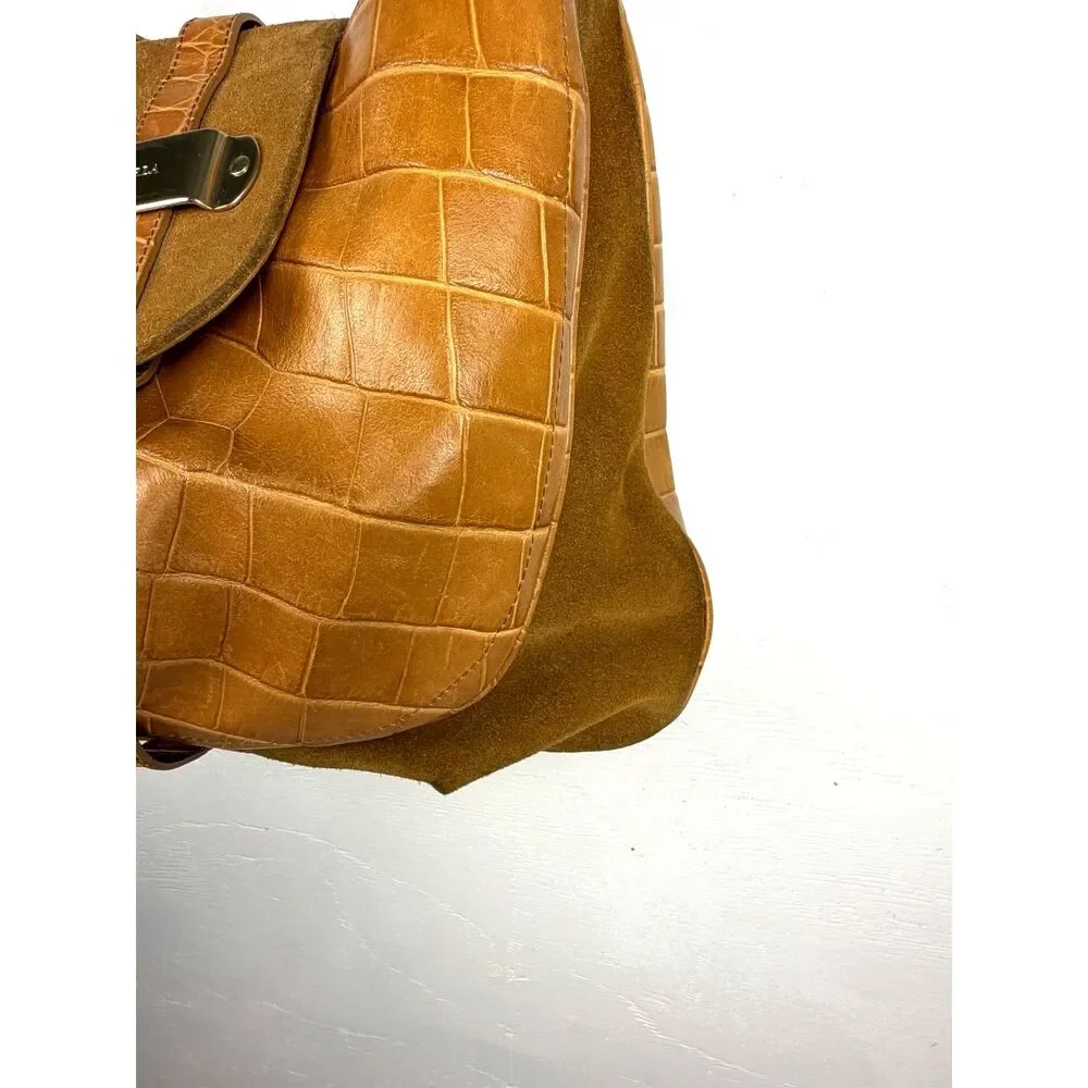 Y2K Vintage Furla Italian Leather Croc‎ Embossed Shoulder Bag Camel Hobo Purse